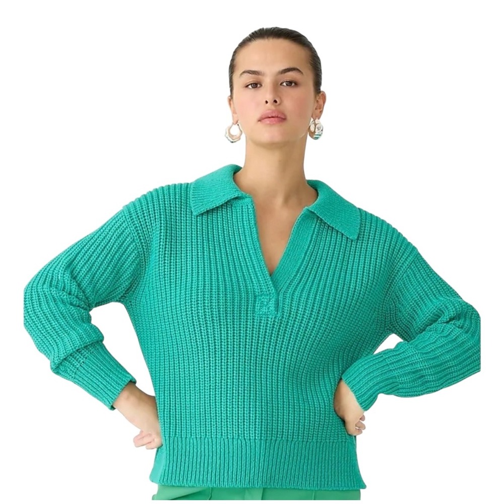 J.Crew Ribbed‎ Cotton Johnny-Collar Sweater Pullover Green Cotton Women L XL - Picture 2 of 10
